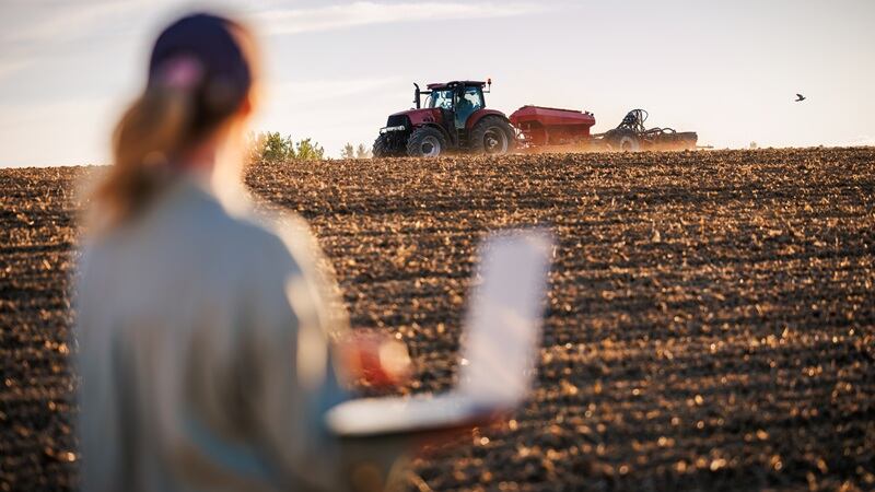 A woman on a laptop watching a tractor in the distance