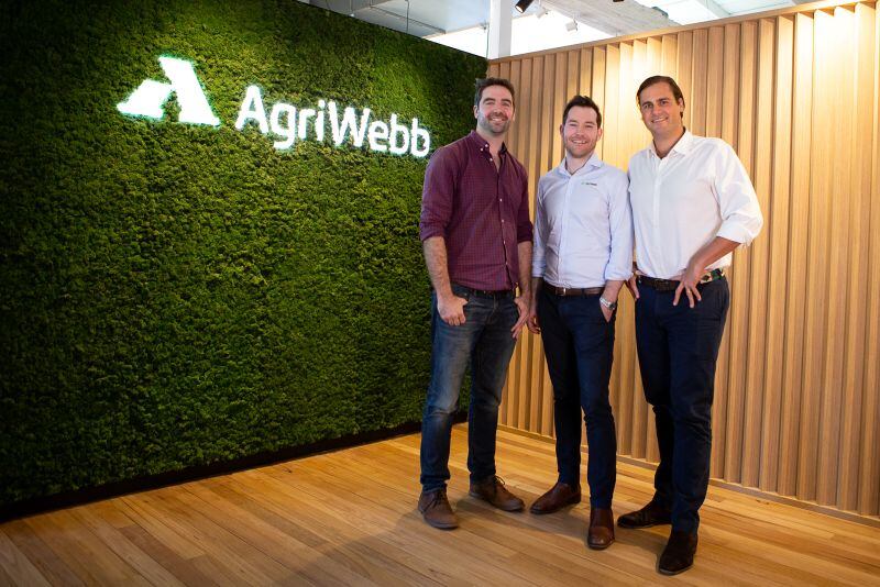 Justin Webb (right) with AgriWebb founders John Fargher, CSO (centre), and Kevin Baum, CEO (left).