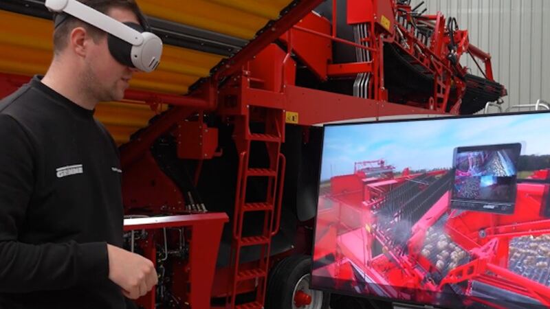 A virtual reality headset for learning about a tractor
