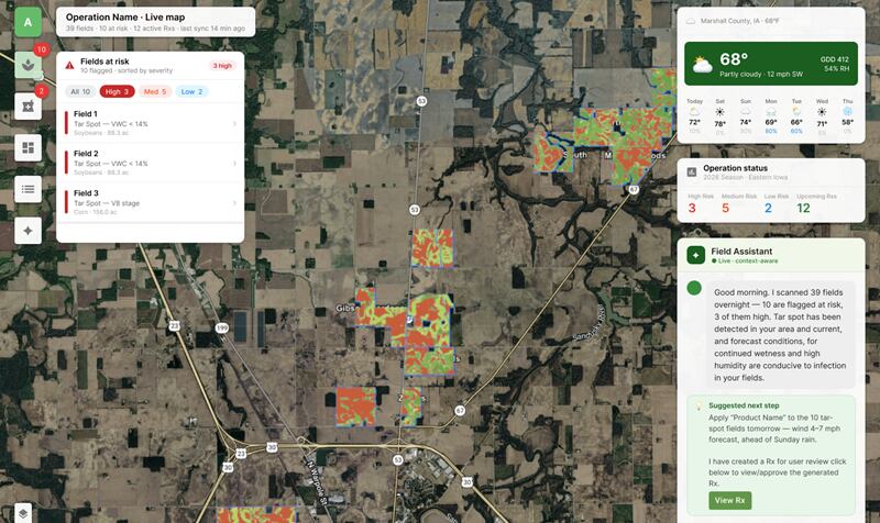 Advanced Agrilytics' dashboard, which shows a map with disease risk