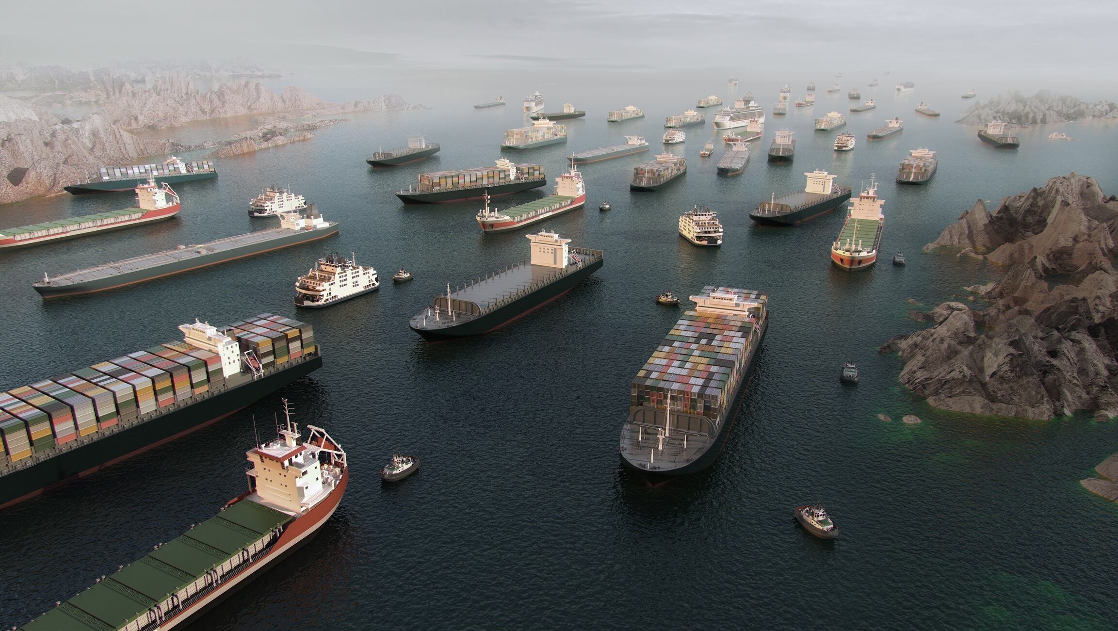 Cargo vessels congestion blocking maritime traffic in the Strait of Hormuz, tankers and container cargo ships. Strategic maritime chokepoint linking the Persian Gulf and Gulf of Oman. Global trade dependency, export logistics, freight transport, supply chain vulnerability, geopolitical tension.