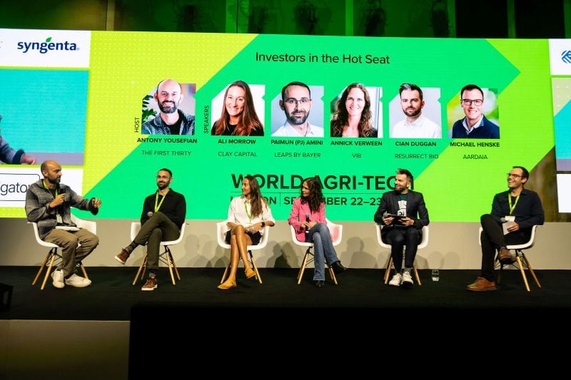 “Bayer is becoming more engaged with the wider innovation ecosystem.” PJ Amini (second on the right) on stage with investors at the World Agri-Tech Innovation Summit in London.