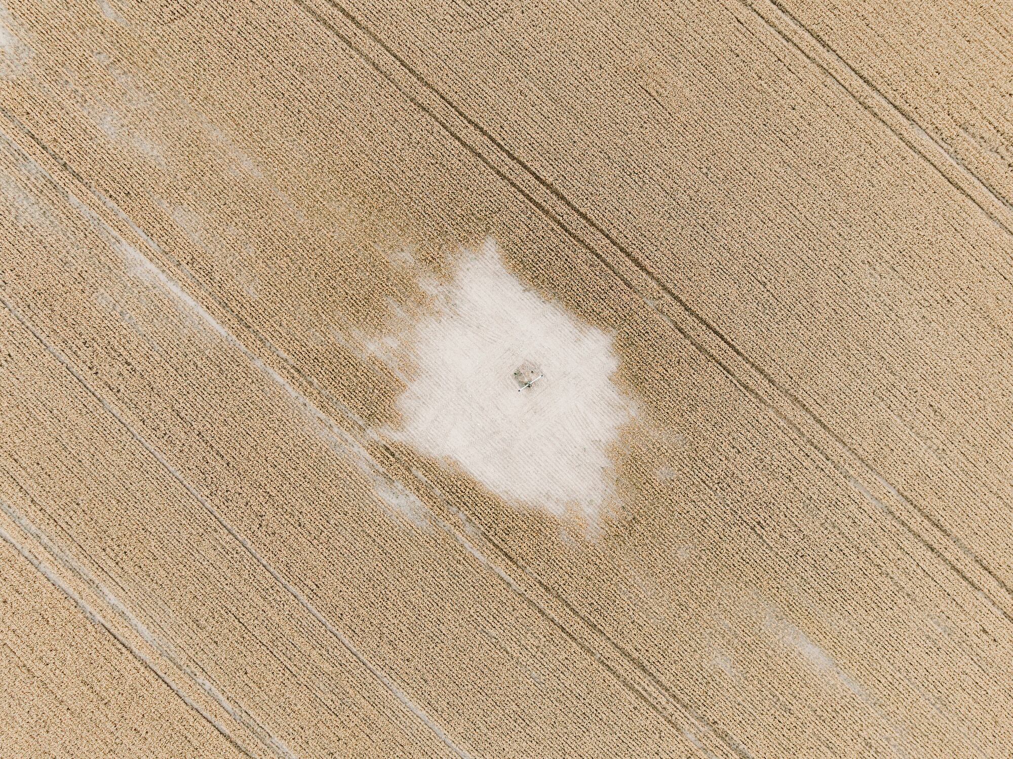 Drone image reveals a bare patch within a Wolverhampton field, highlighting the kind of uneven, within-field damage that precision monitoring aims to detect and manage.