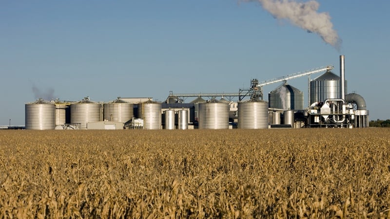 An ethanol plant in front of a corn field
